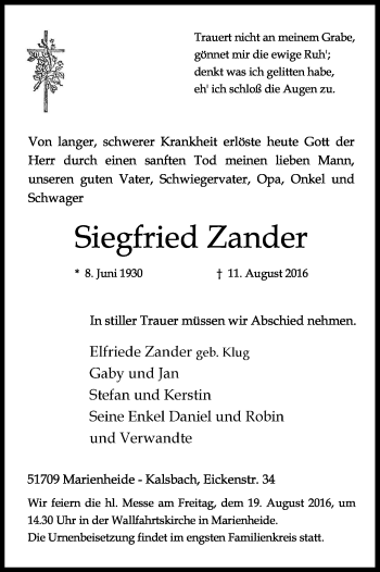 Anzeige von Siegfried Zander von Kölner Stadt-Anzeiger / Kölnische Rundschau / Express