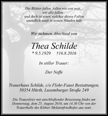 Anzeige von Thea Schilde von Kölner Stadt-Anzeiger / Kölnische Rundschau / Express