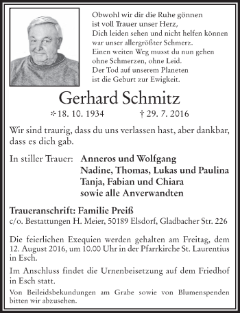 Anzeige von Gerhard Schmitz von  Werbepost 