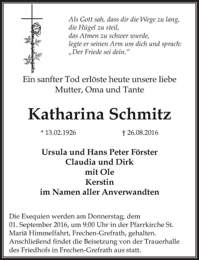  Traueranzeige für Katharina Schmitz vom 31.08.2016 aus  Wochenende 
