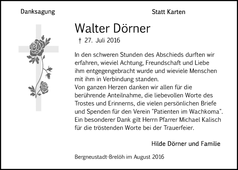  Traueranzeige für Walter Dörner vom 31.08.2016 aus  Anzeigen Echo 