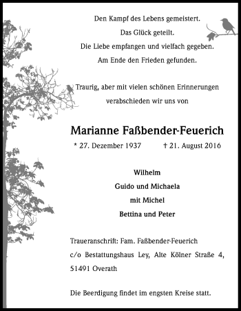 Anzeige von Marianne Faßbender-Feuerich von Kölner Stadt-Anzeiger / Kölnische Rundschau / Express