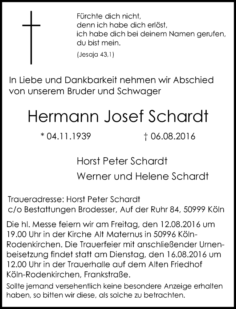  Traueranzeige für Hermann Josef Schardt vom 10.08.2016 aus  Kölner Wochenspiegel 