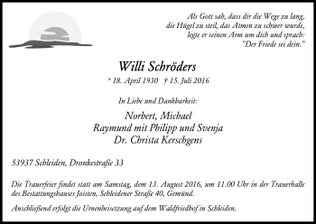 Anzeige von Willi Schröders von Kölner Stadt-Anzeiger / Kölnische Rundschau / Express
