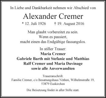 Anzeige von Alexander Cremer von  Blickpunkt Euskirchen 