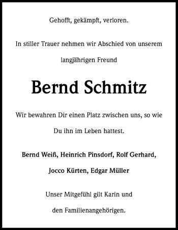 Anzeige von Bernd Schmitz von Kölner Stadt-Anzeiger / Kölnische Rundschau / Express