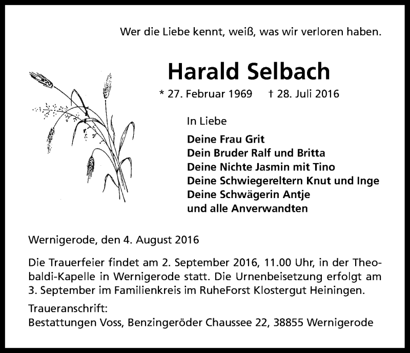 Traueranzeige für Harald Selbach vom 06.08.2016 aus Kölner Stadt-Anzeiger / Kölnische Rundschau / Express