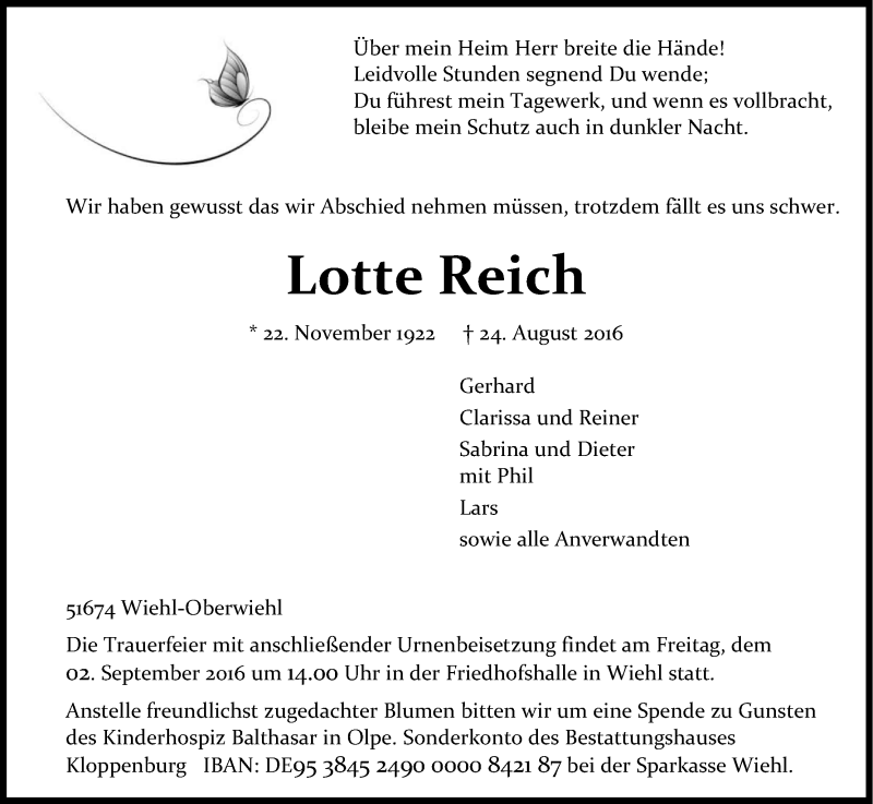  Traueranzeige für Lotte Reich vom 30.08.2016 aus Kölner Stadt-Anzeiger / Kölnische Rundschau / Express
