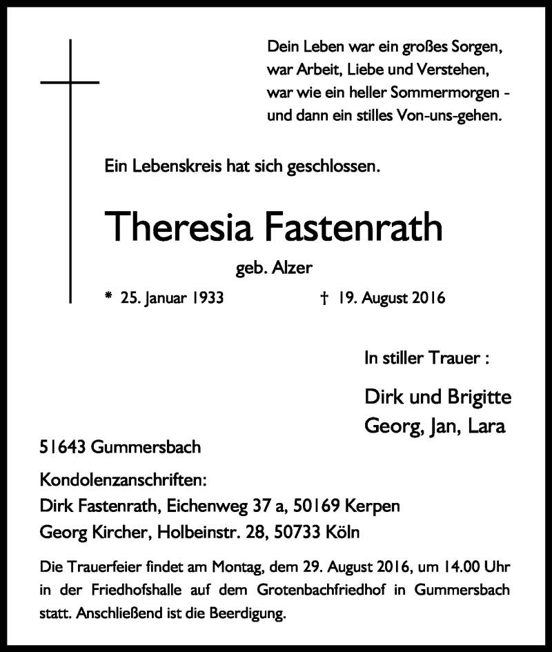  Traueranzeige für Theresia Fastenrath vom 23.08.2016 aus Kölner Stadt-Anzeiger / Kölnische Rundschau / Express
