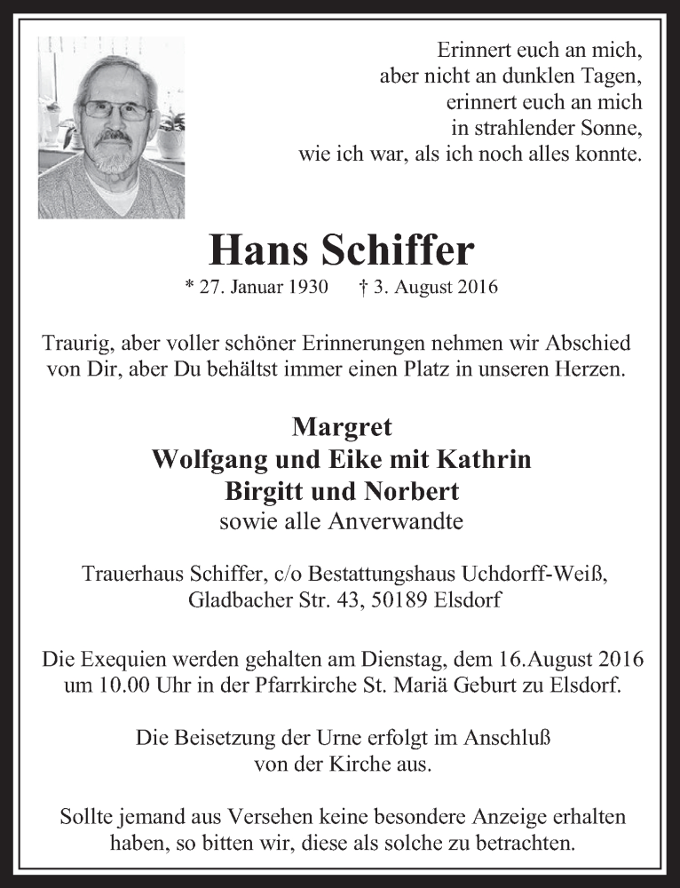 Traueranzeige für Hans Schiffer vom 10.08.2016 aus  Werbepost 