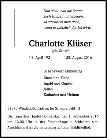 Anzeige von Charlotte Klüser von Kölner Stadt-Anzeiger / Kölnische Rundschau / Express