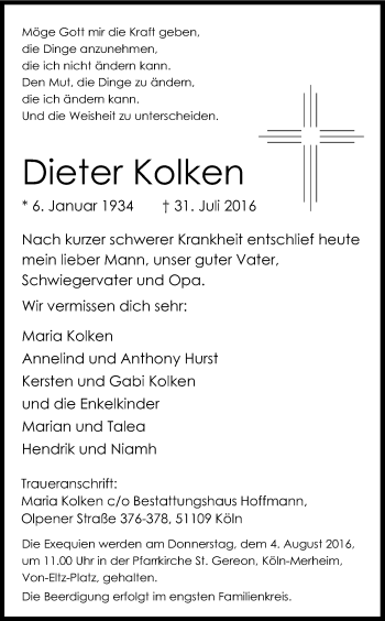 Anzeige von Dieter Kolken von Kölner Stadt-Anzeiger / Kölnische Rundschau / Express