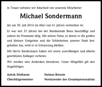 Anzeige von Michael Sondermann von Kölner Stadt-Anzeiger / Kölnische Rundschau / Express