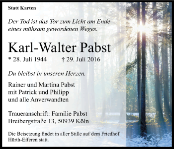 Anzeige von Karl-Walter Pabst von Kölner Stadt-Anzeiger / Kölnische Rundschau / Express