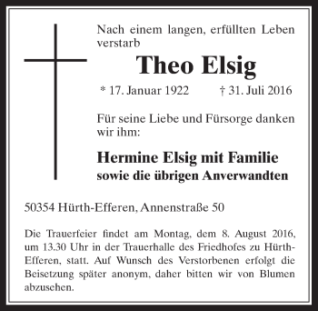 Anzeige von Theo Elsig von  Wochenende 