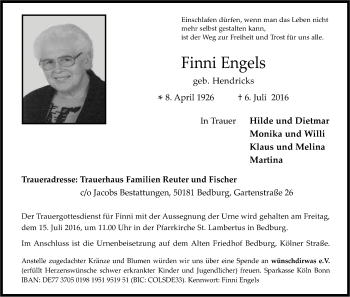 Anzeige von Finni Engels von Kölner Stadt-Anzeiger / Kölnische Rundschau / Express