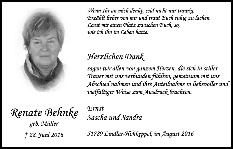  Traueranzeige für Renate Behnke vom 27.08.2016 aus Kölner Stadt-Anzeiger / Kölnische Rundschau / Express