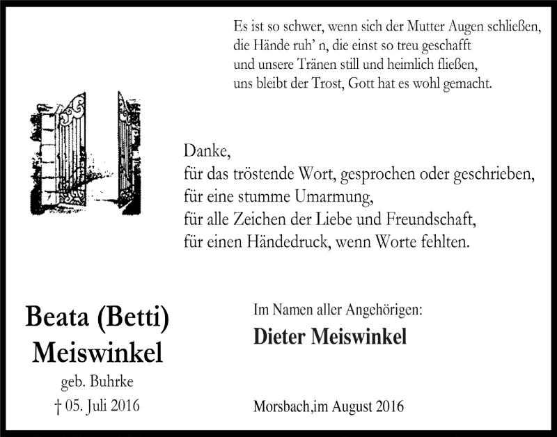  Traueranzeige für Beata Meiswinkel vom 10.08.2016 aus  Lokalanzeiger 
