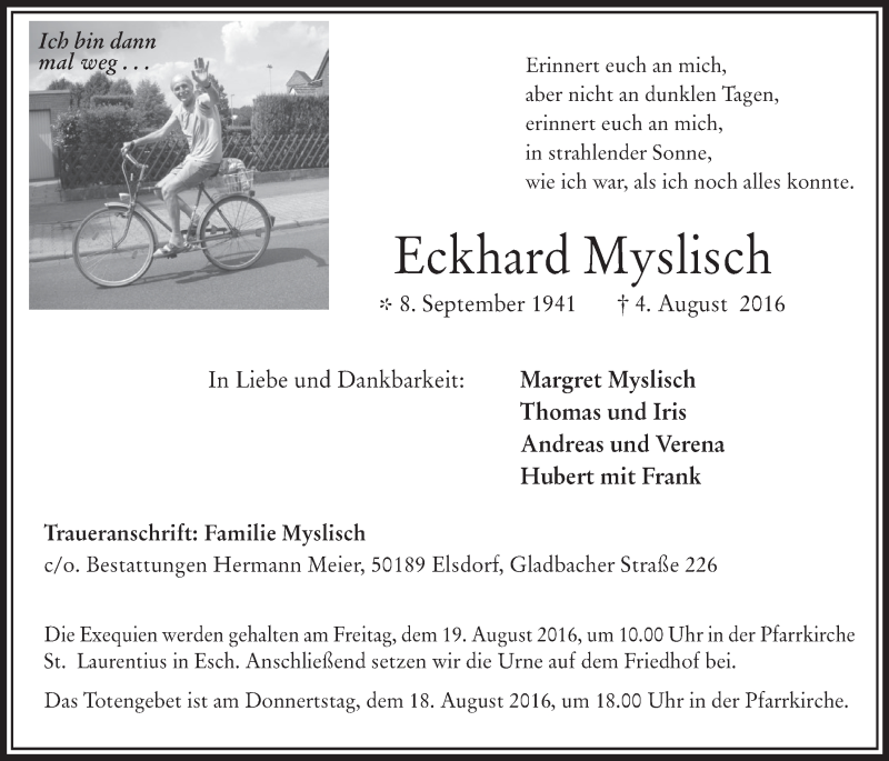  Traueranzeige für Eckhard Myslisch vom 17.08.2016 aus  Werbepost 