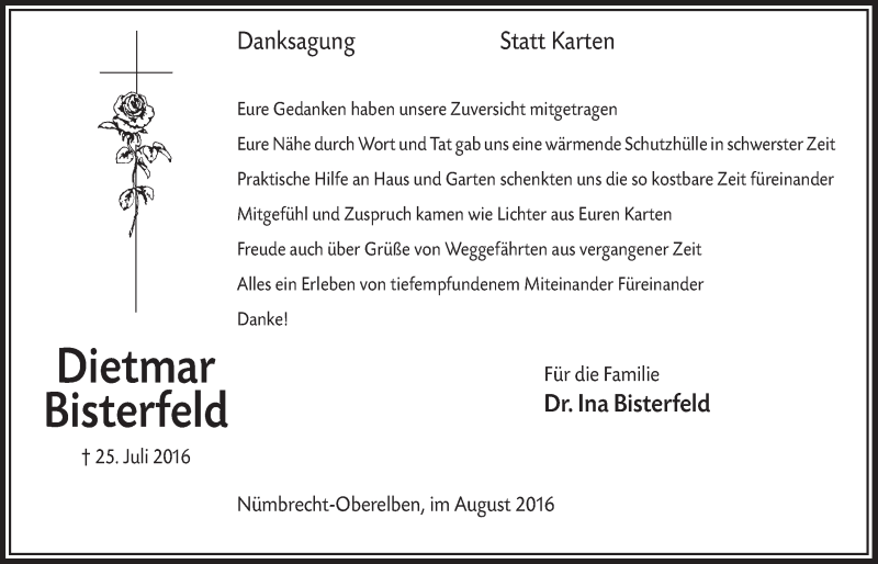  Traueranzeige für Dietmar Bisterfeld vom 31.08.2016 aus  Lokalanzeiger 