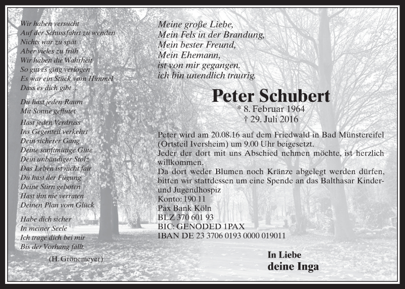 Traueranzeige für Peter Schubert vom 10.08.2016 aus  Werbepost 