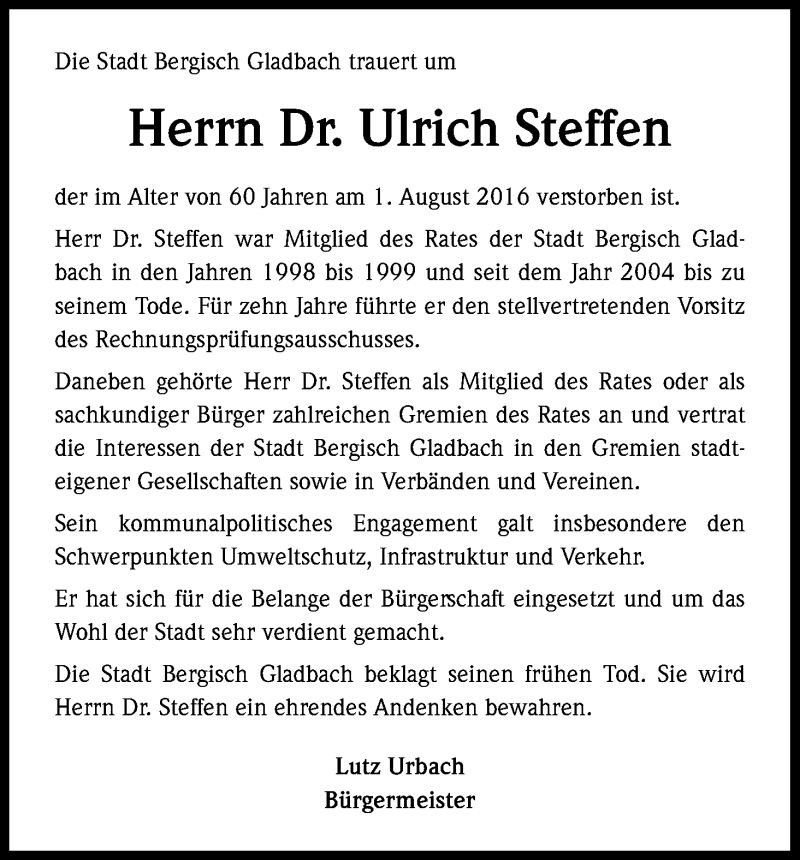  Traueranzeige für Ulrich Steffen vom 31.08.2016 aus Kölner Stadt-Anzeiger / Kölnische Rundschau / Express