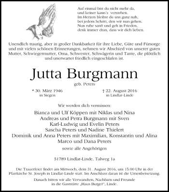 Anzeige von Jutta Burgmann von Kölner Stadt-Anzeiger / Kölnische Rundschau / Express