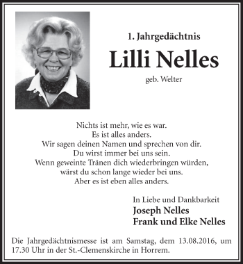 Anzeige von Lilli Nelles von  Sonntags-Post 