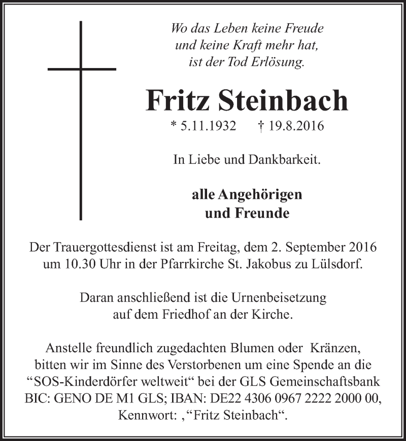  Traueranzeige für Fritz Steinbach vom 31.08.2016 aus  Extra Blatt 