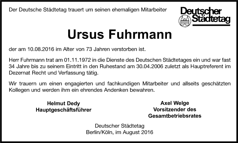  Traueranzeige für Ursus Fuhrmann vom 17.08.2016 aus Kölner Stadt-Anzeiger / Kölnische Rundschau / Express