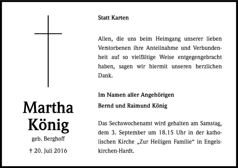  Traueranzeige für Martha König vom 20.08.2016 aus Kölner Stadt-Anzeiger / Kölnische Rundschau / Express