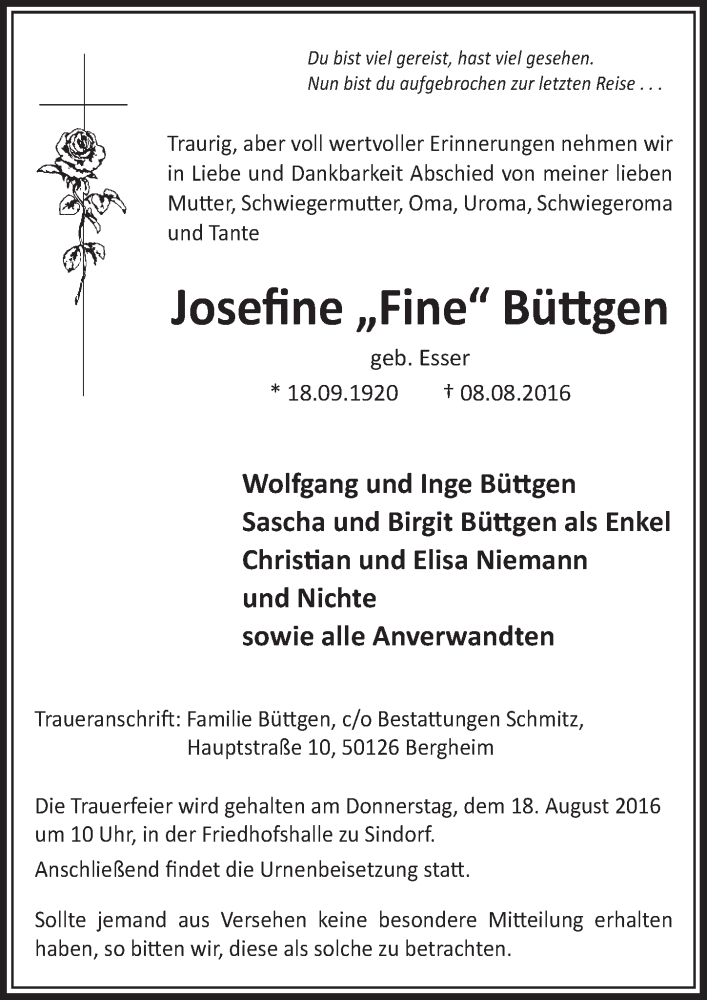  Traueranzeige für Josefine Büttgen vom 13.08.2016 aus  Sonntags-Post 