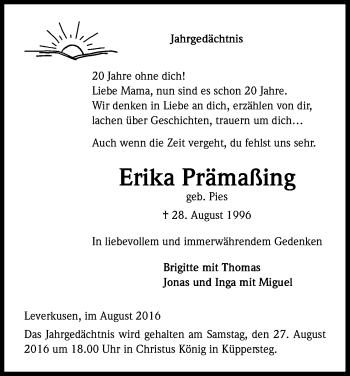 Anzeige von Erika Prämaßing von Kölner Stadt-Anzeiger / Kölnische Rundschau / Express