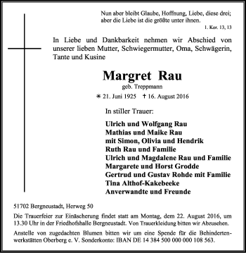 Anzeige von Margret Rau von Kölner Stadt-Anzeiger / Kölnische Rundschau / Express