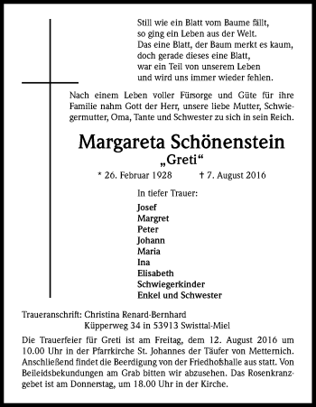 Anzeige von Margareta Schönenstein von Kölner Stadt-Anzeiger / Kölnische Rundschau / Express