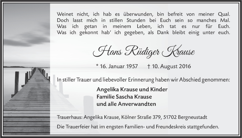  Traueranzeige für Hans Rüdiger Krause vom 17.08.2016 aus  Anzeigen Echo 