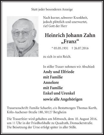 Anzeige von Heinrich Johann Zahn von  Sonntags-Post 