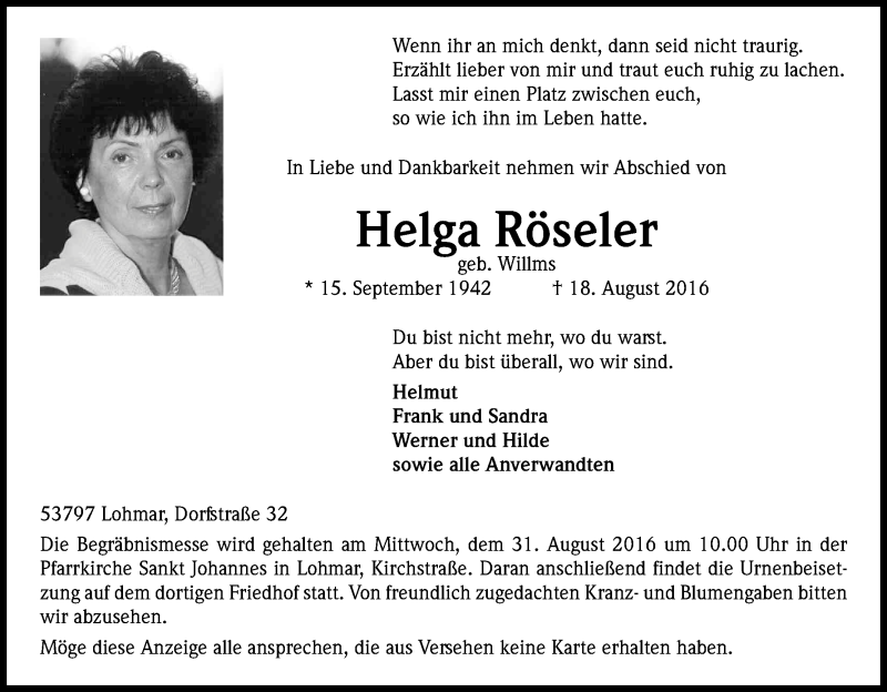  Traueranzeige für Helga Röseler vom 26.08.2016 aus Kölner Stadt-Anzeiger / Kölnische Rundschau / Express