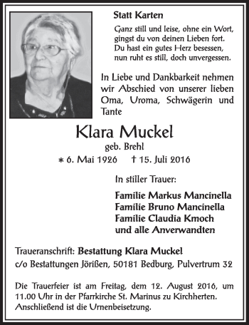 Anzeige von Klara Muckel von  Sonntags-Post 