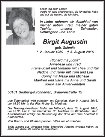 Anzeige von Birgit Augustin von  Sonntags-Post 