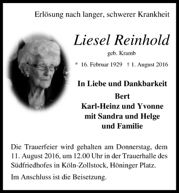 Anzeige von Liesel Reinhold von Kölner Stadt-Anzeiger / Kölnische Rundschau / Express
