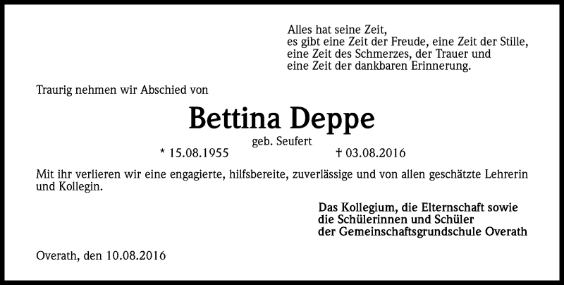  Traueranzeige für Bettina Deppe vom 10.08.2016 aus Kölner Stadt-Anzeiger / Kölnische Rundschau / Express