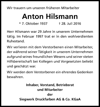 Anzeige von Anton Hilsmann von Kölner Stadt-Anzeiger / Kölnische Rundschau / Express