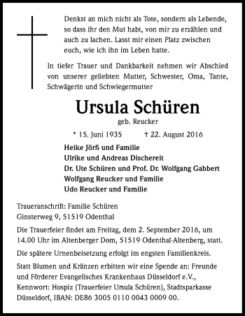 Anzeige von Ursula Schüren von Kölner Stadt-Anzeiger / Kölnische Rundschau / Express