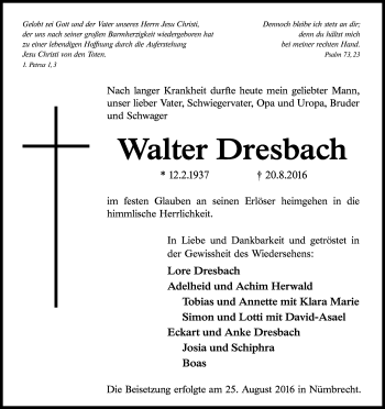 Anzeige von Walter Dresbach von Kölner Stadt-Anzeiger / Kölnische Rundschau / Express