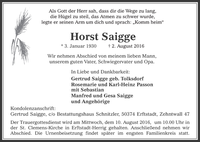  Traueranzeige für Horst Saigge vom 06.08.2016 aus  Sonntags-Post 