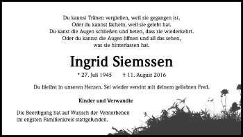 Anzeige von Ingrid Siemssen von Kölner Stadt-Anzeiger / Kölnische Rundschau / Express