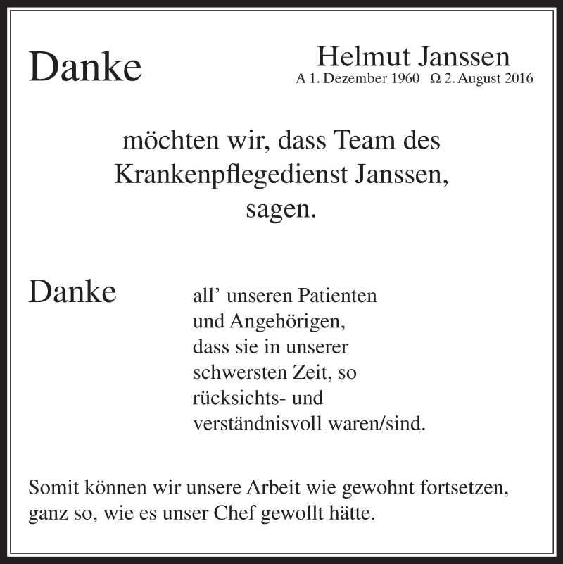  Traueranzeige für Helmut Janssen vom 31.08.2016 aus  Wochenende  Schlossbote/Werbekurier 