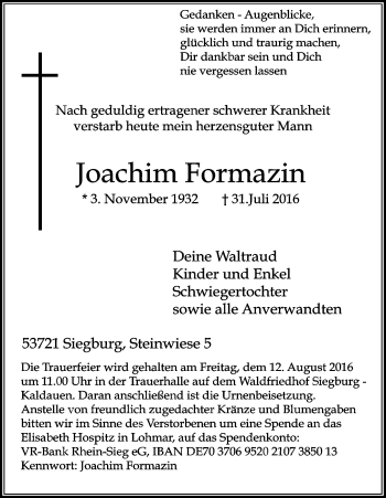 Anzeige von Joachim Formazin von Kölner Stadt-Anzeiger / Kölnische Rundschau / Express