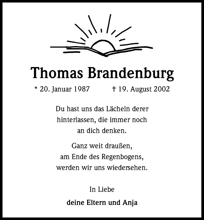  Traueranzeige für Thomas Brandenburg vom 19.08.2016 aus Kölner Stadt-Anzeiger / Kölnische Rundschau / Express